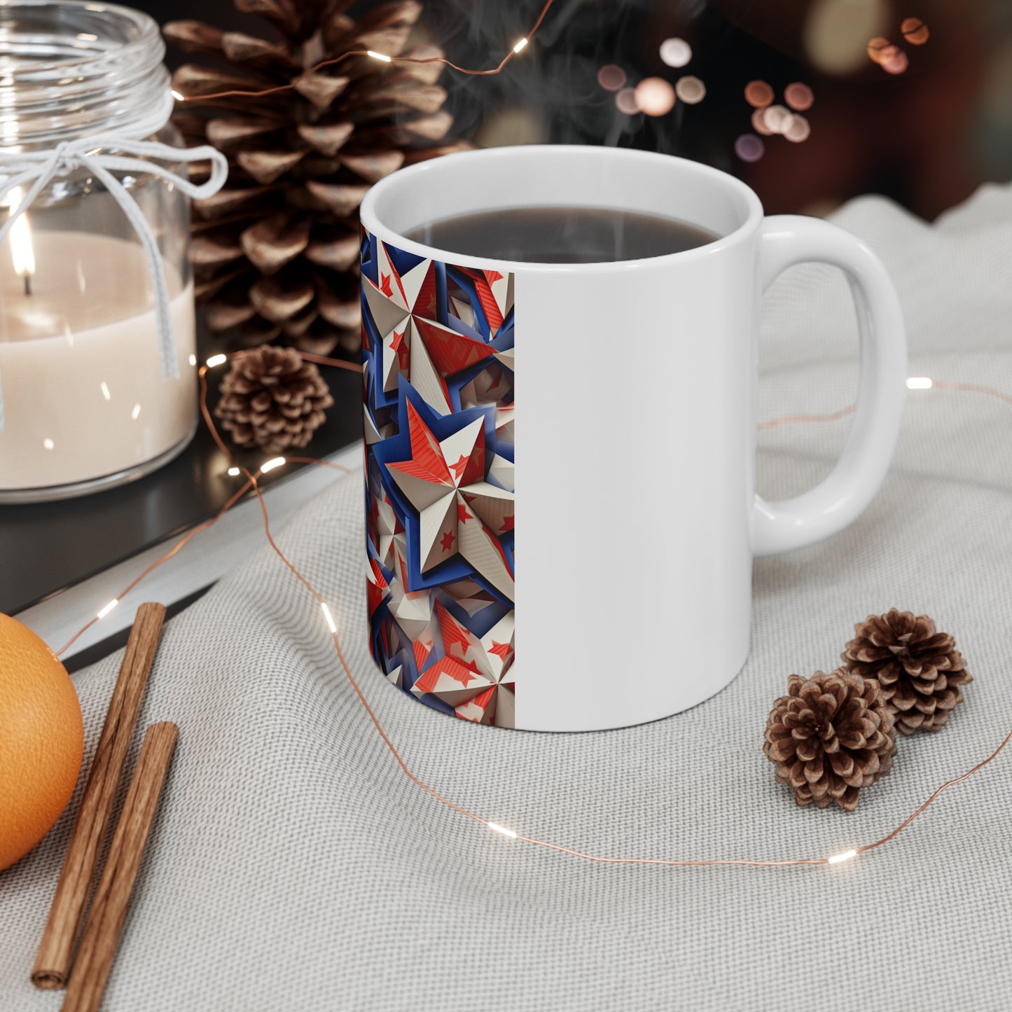3D Patriotic Star Stack Coffee Mug – Layered Red White Blue Starburst Mug – Bold Americana Geometric Star Design – USA Stars Mug 11oz