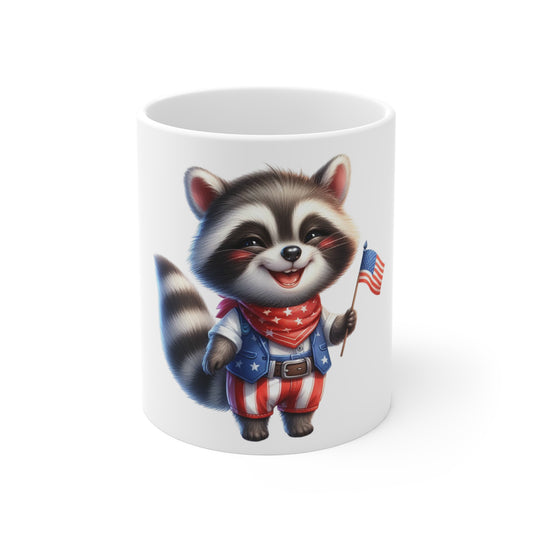 Cute Patriotic Raccoon Coffee Mug – Americana Cowboy Raccoon Mug – Red White Blue Flag Animal Cup – Adorable USA Gift Mug 11oz