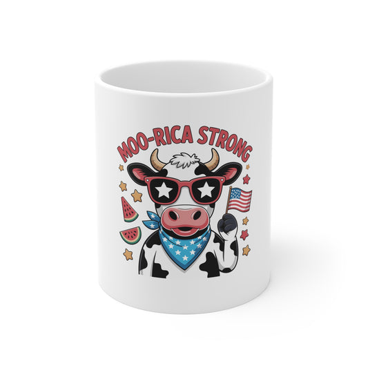 Mug — "Moo-rica Strong" Patriotic Cow 11oz Coffee Cup