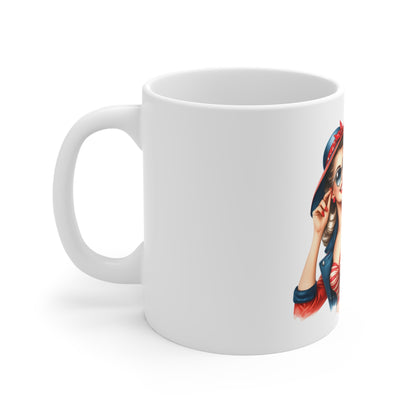 Patriotic Retro Woman with Flag Mug – Vintage American Pin Up Coffee Mug – USA Flag Cup – 4th of July Gift – Classic Americana Style Patriotic Pin-Up Girl Mug — 11oz American Flag Coffee Cup for 4th...