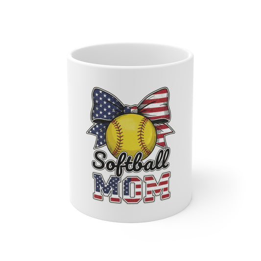 Softball Mom Patriotic Coffee Mug – American Flag Bow Softball Mug – USA Sports Mom Cup – Vintage Distressed Softball Gift Mug 11oz