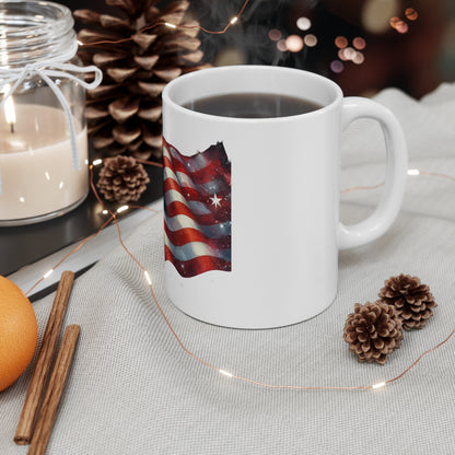 Waving American Flag Coffee Mug – Watercolor USA Flag Mug – Patriotic Stars and Stripes Cup – Artistic Red White Blue Mug Mug 11oz