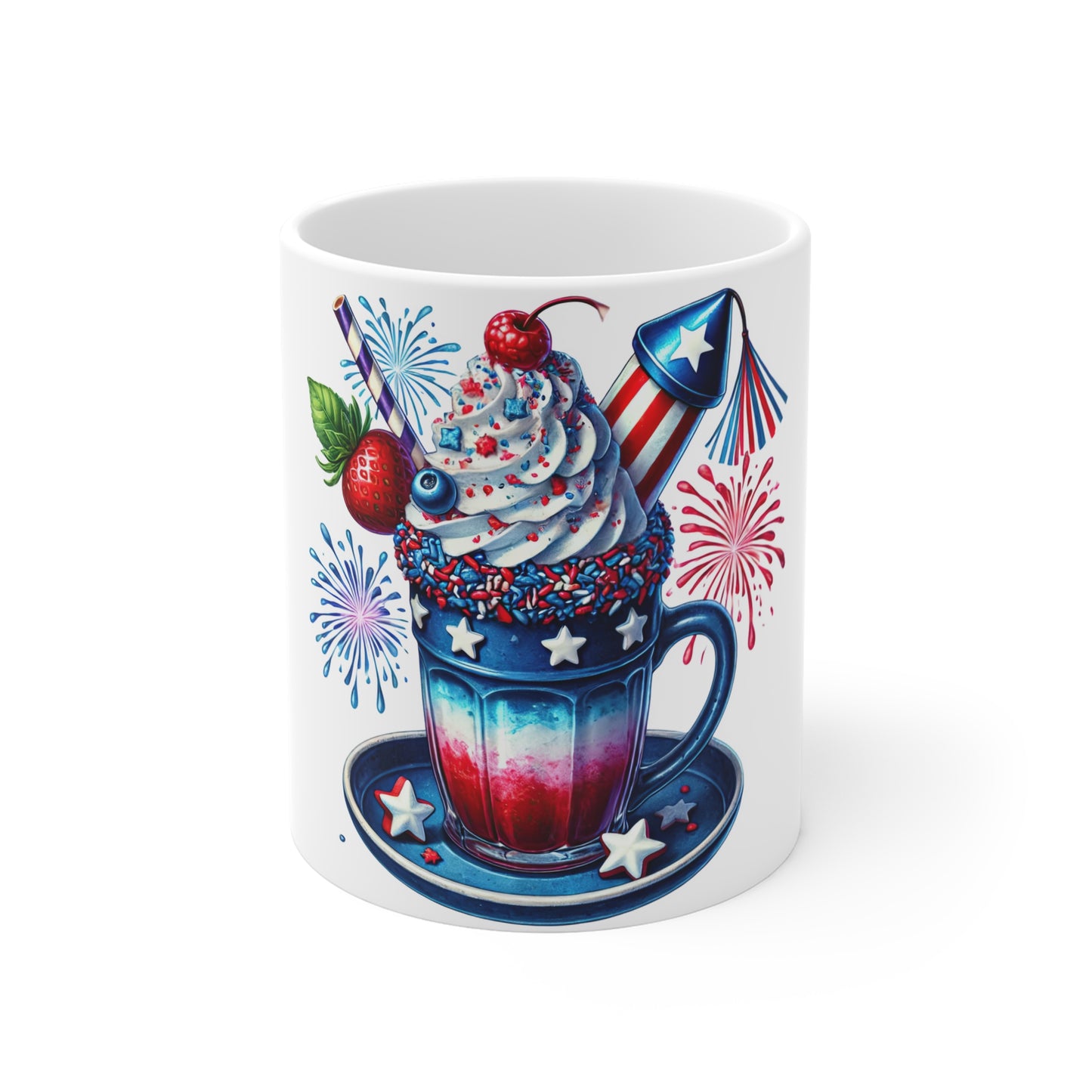 Patriotic Fireworks Milkshake Coffee Mug – 4th of July Dessert Mug – Red White Blue Americana Mug – Festive Summer Celebration Cup Patriotic 4th of July Firework Milkshake Mug — Red White Blue Stars...