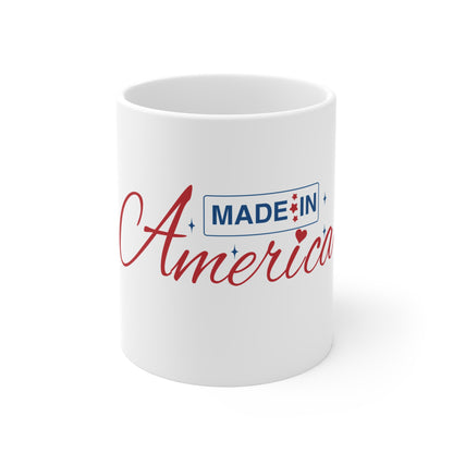 Made in America Script Coffee Mug – Elegant Patriotic USA Mug – Minimal Americana Typography Cup – Stylish USA Pride Gift Mug 11oz