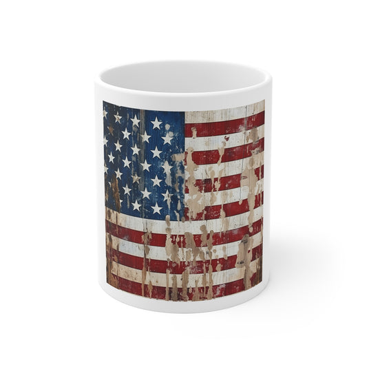 Splattered Barnwood American Flag Coffee Mug – Heavy Distressed USA Flag Mug – Rustic Paint Drip Patriotic Cup – Weathered Farmhouse Flag Mug Distressed American Flag 11oz Coffee Mug – Vintage USA...