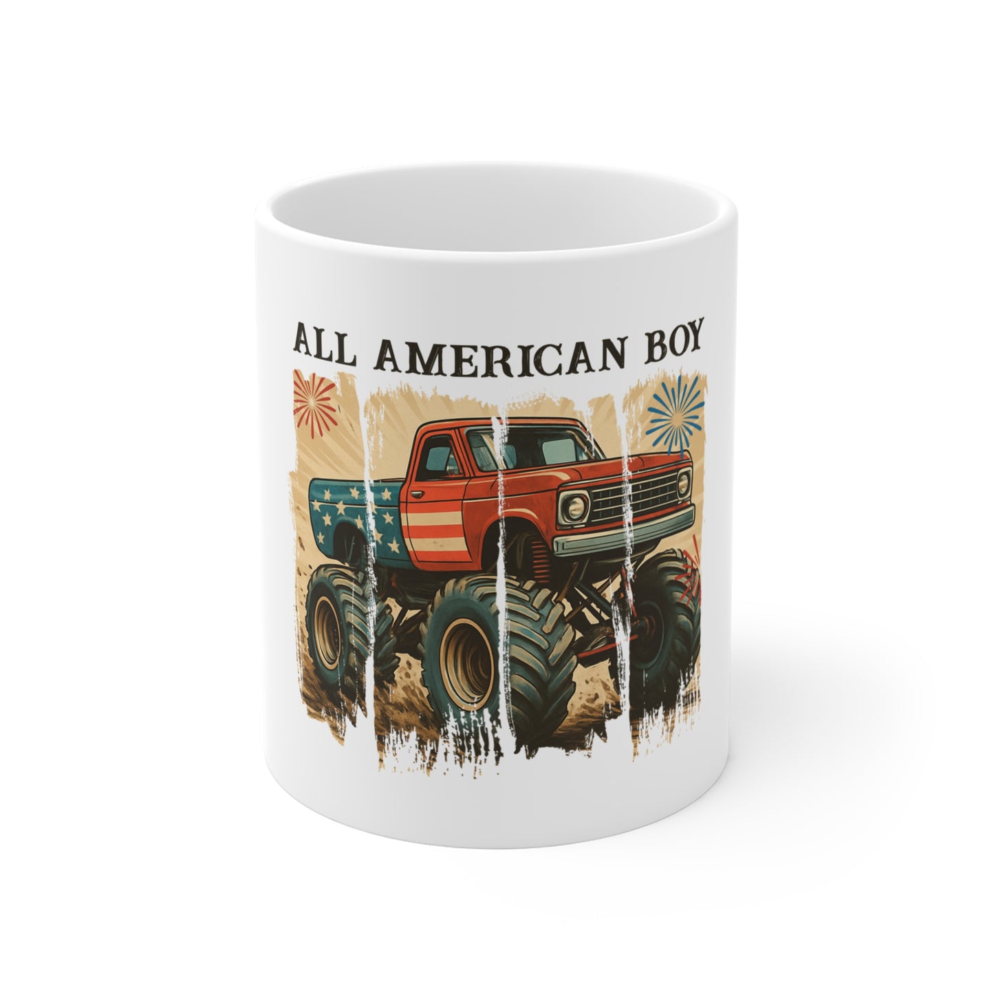 All American Boy Monster Truck Mug – Patriotic Truck Coffee Cup – Vintage USA Off-Road Design Mug 11oz