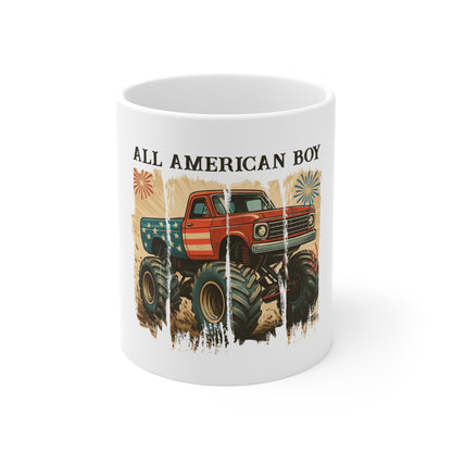 All American Boy Monster Truck Mug – Patriotic Truck Coffee Cup – Vintage USA Off-Road Design Mug 11oz