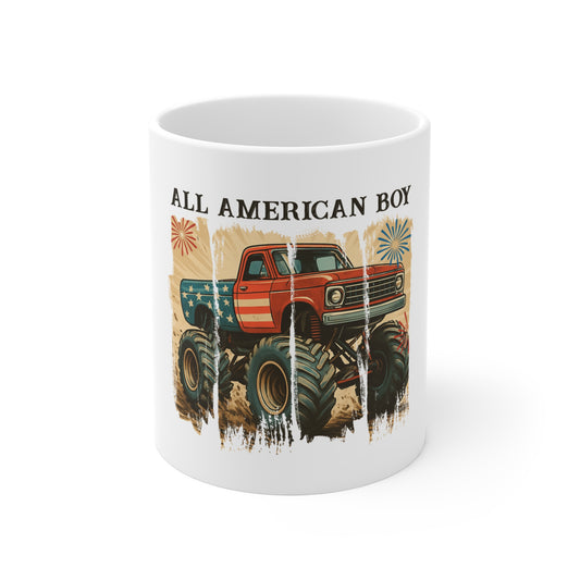 All American Boy Monster Truck Mug – Patriotic Truck Coffee Cup – Vintage USA Off-Road Design Mug 11oz