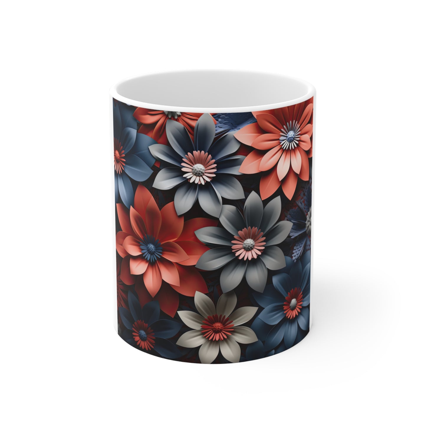Patriotic 3D Floral Pattern Coffee Mug – Red Blue Layered Flower Mug – Modern Sculpted Botanical Cup – Bold Americana Design Mug Floral Pattern 11oz Mug — Red & Blue Vintage Flower Design