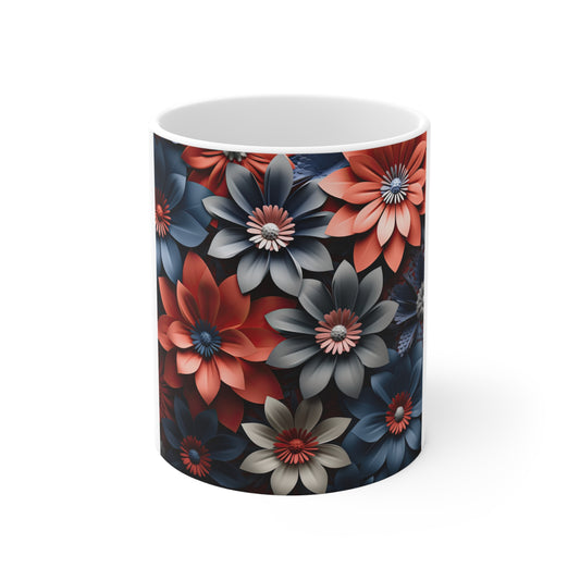Patriotic 3D Floral Pattern Coffee Mug – Red Blue Layered Flower Mug – Modern Sculpted Botanical Cup – Bold Americana Design Mug Floral Pattern 11oz Mug — Red & Blue Vintage Flower Design