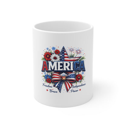 America Patriotic 11oz Mug – Red White Blue Flag Bow Coffee Cup (Fourth of July)