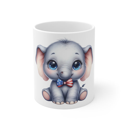 Patriotic Baby Elephant Coffee Mug – Cute Red White Blue Elephant Mug – Americana Bowtie Cup – 4th of July Gift11oz