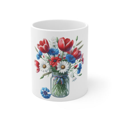 Patriotic Tulip & Daisy Coffee Mug – Red White Blue Floral Mason Jar Mug – Americana Spring Flower Cup – Elegant 4th of July Gift 11oz Floral Mason Jar Mug — Red Tulips, Daisies & Cornflowers Coffee...