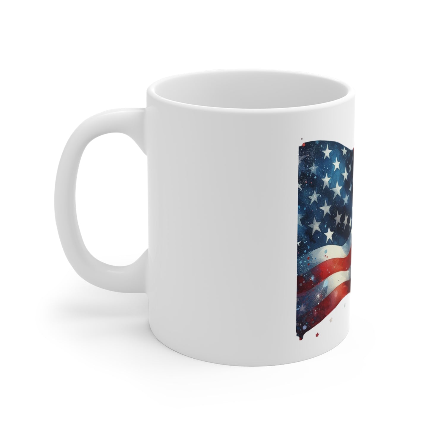 Waving American Flag Coffee Mug – Watercolor USA Flag Mug – Patriotic Stars and Stripes Cup – Artistic Red White Blue Mug Mug 11oz