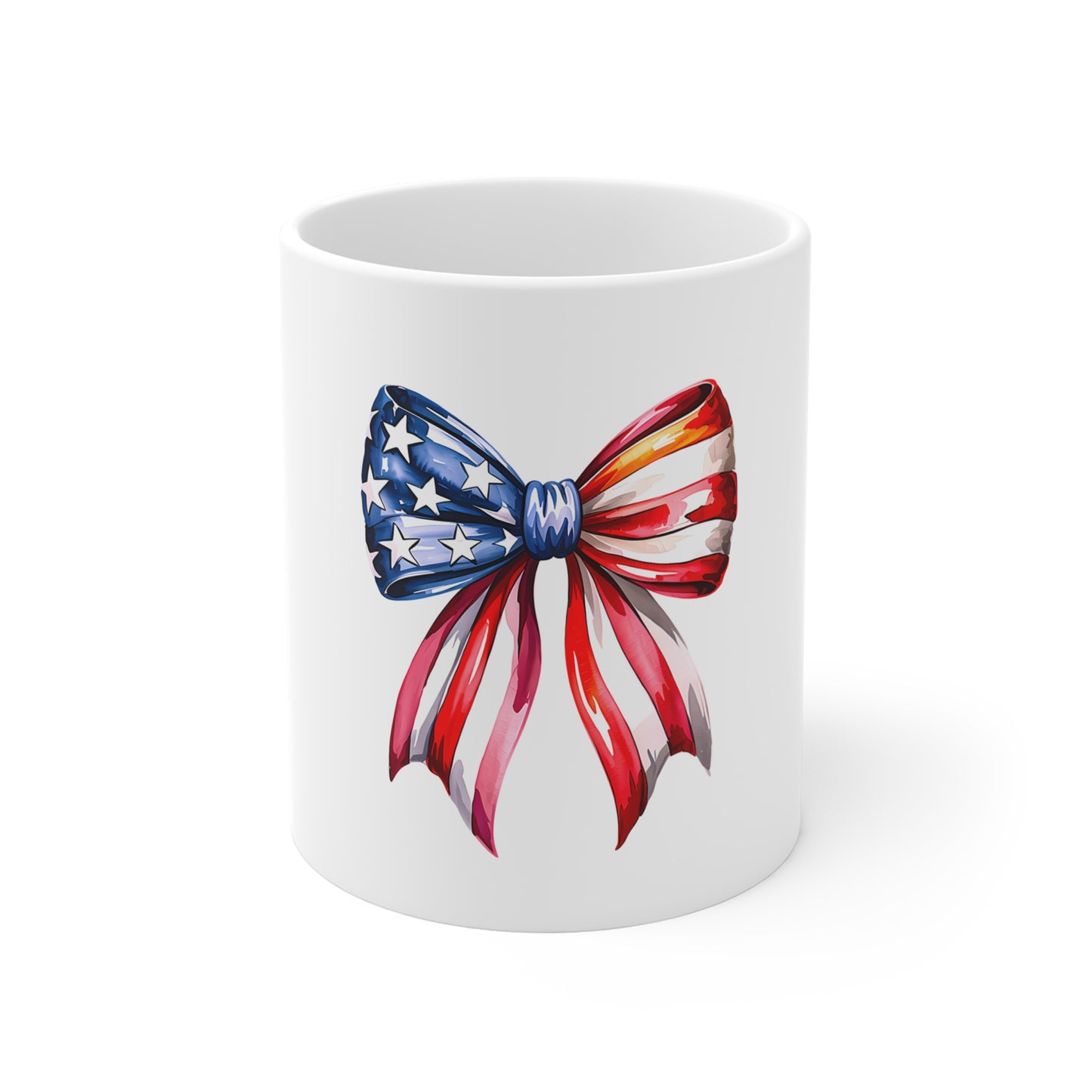 Patriotic Bow Mug — American Flag Red White Blue 11oz Coffee Cup