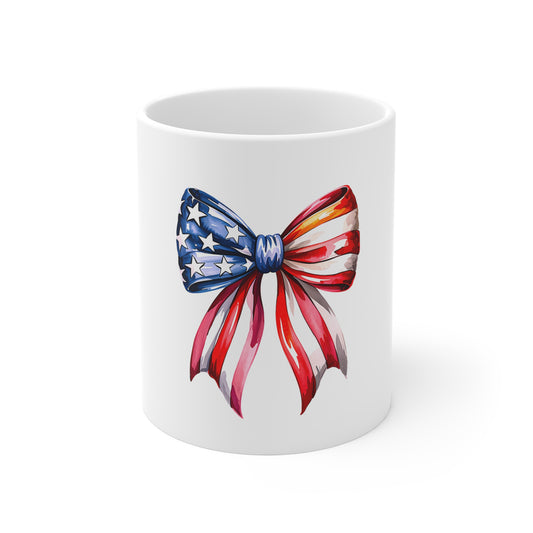 Patriotic Bow Mug — American Flag Red White Blue 11oz Coffee Cup