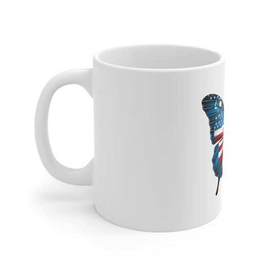 Art Deco American Flag Butterfly Mug – Modern Patriotic Butterfly Coffee Mug – Red White Blue Geometric Wing Design – USA Gift American Flag Butterfly Mug — Patriotic 11oz Coffee Cup
