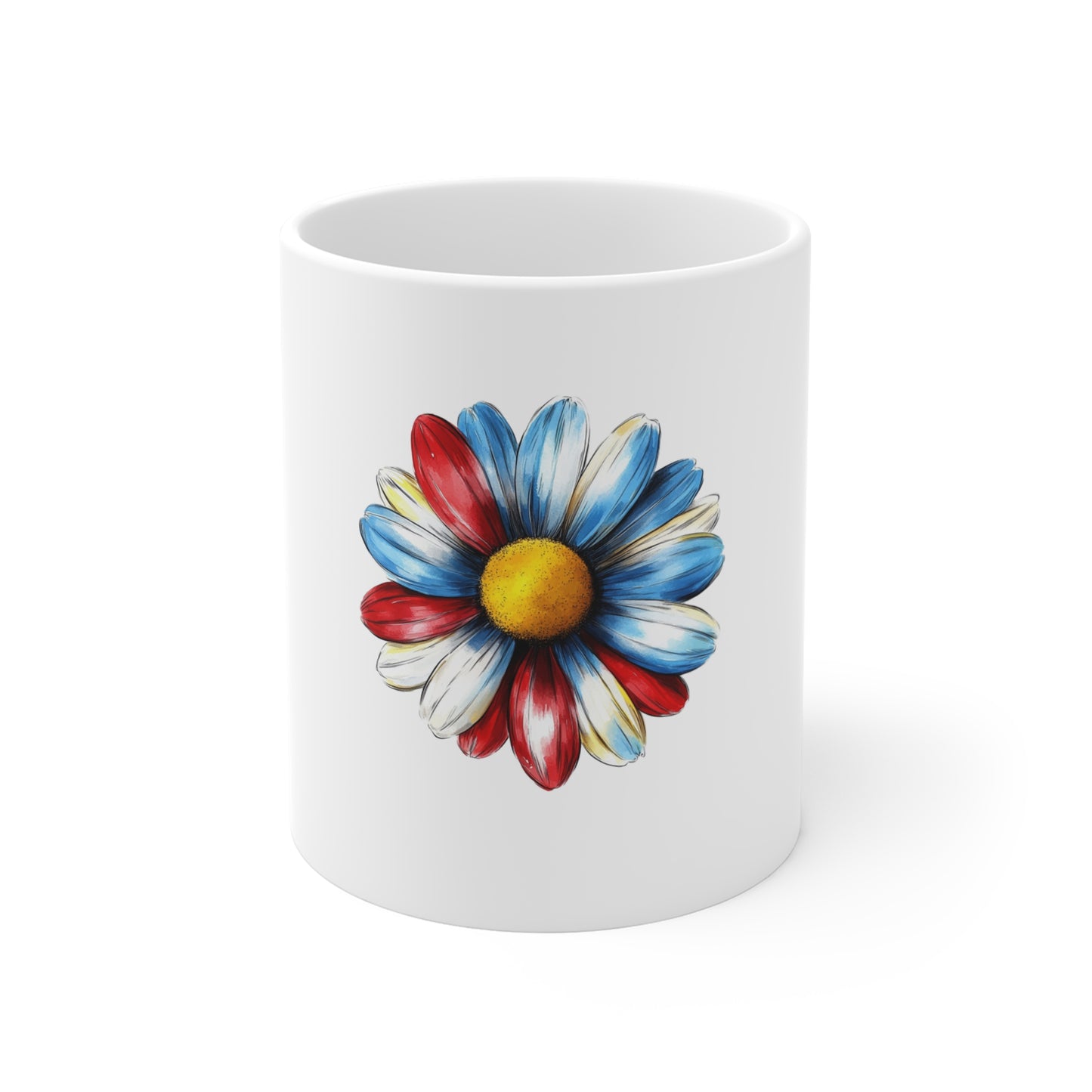 Patriotic Daisy 11oz Coffee Mug — Red, White & Blue Floral Drinkware