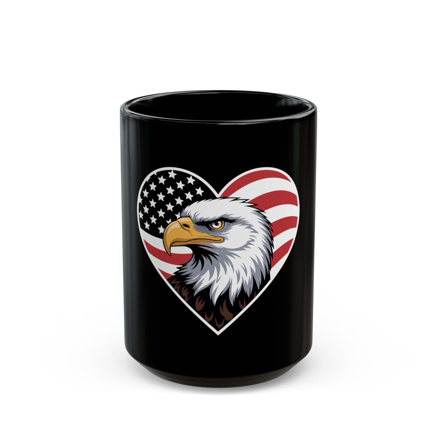 Patriotic Eagle Heart Mug – American Flag Heart Eagle Coffee Mug – USA Bald Eagle Pride Cup – Patriotic Gift Mug Black Mug (11oz, 15oz)