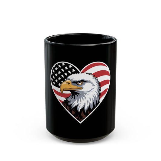 Patriotic Eagle Heart Mug – American Flag Heart Eagle Coffee Mug – USA Bald Eagle Pride Cup – Patriotic Gift Mug Black Mug (11oz, 15oz)
