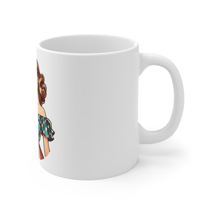 Patriotic Vintage Woman Mug – Retro Americana Off-Shoulder Dress Coffee Mug – USA Flag Style Cup – Classic American Beauty Mug – Gift for Her Patriotic Pin-Up Ceramic Mug — Vintage USA Flag Girl 11oz...