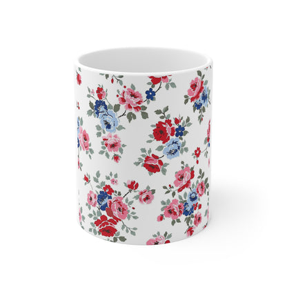 Patriotic Vintage Rose Coffee Mug – Red White Blue Floral Mug – Classic Americana Garden Cup – Shabby Chic Rose Mug Floral Vintage Rose 11oz Coffee Mug