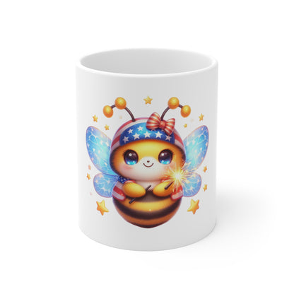 Cute Patriotic Bee Coffee Mug – Kawaii Bumblebee Fireworks Mug – Red White Blue Americana Cup – Adorable USA Gift Mug11oz