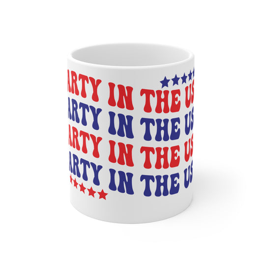 Party in the USA Coffee Mug – Retro Patriotic Mug – Bold Americana Typography Cup – 4th of July Party Mug Party in the USA 11oz Coffee Mug - Red & Blue Patriotic Stars Design