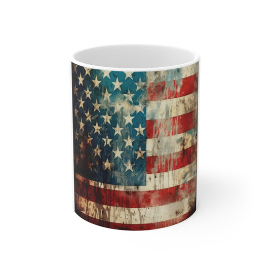 Vintage Grunge American Flag Coffee Mug – Faded USA Flag Mug – Rustic Distressed Patriotic Mug – Classic Americana Gift 11oz