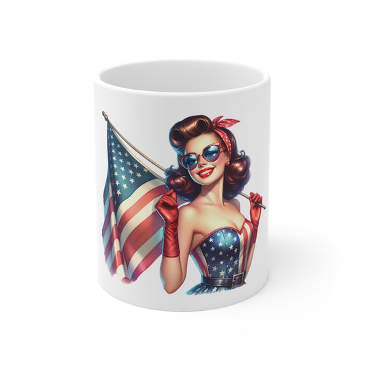 Patriotic Pin Up Woman with Flag Mug – Vintage USA Retro Coffee Mug – American Flag Girl Cup – 4th of July Gift – Bold Americana Mug Patriotic Pinup Girl Coffee Mug — 11oz Vintage American Flag Tea...
