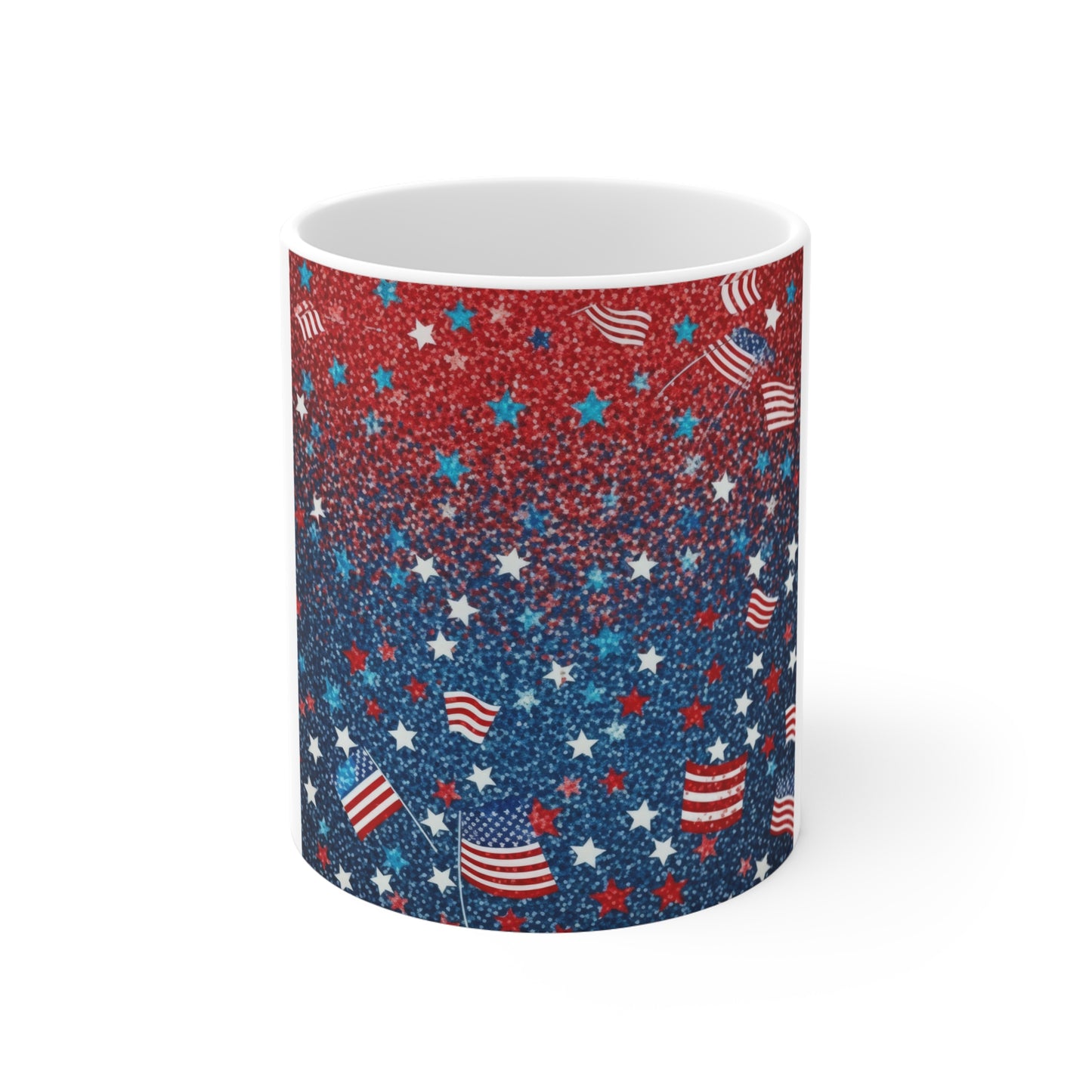 Patriotic Confetti Flag Coffee Mug – Red White Blue Glitter Mug – Mini American Flags Starburst Cup – Festive USA Celebration Mug 11oz Mug - Patriotic Red White Blue Confetti with American Flags (...