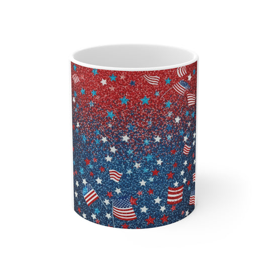 Patriotic Confetti Flag Coffee Mug – Red White Blue Glitter Mug – Mini American Flags Starburst Cup – Festive USA Celebration Mug 11oz Mug - Patriotic Red White Blue Confetti with American Flags (...