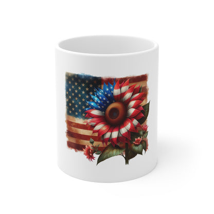 Patriotic Sunflower American Flag Mug - 11oz Fourth of July Coffee Cup