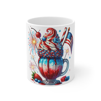 Patriotic Fireworks Milkshake Coffee Mug – 4th of July Dessert Mug – Red White Blue Americana Mug – Festive Summer Celebration Cup 4th of July Patriotic Dessert Mug — Red White & Blue Ice Cream Float...