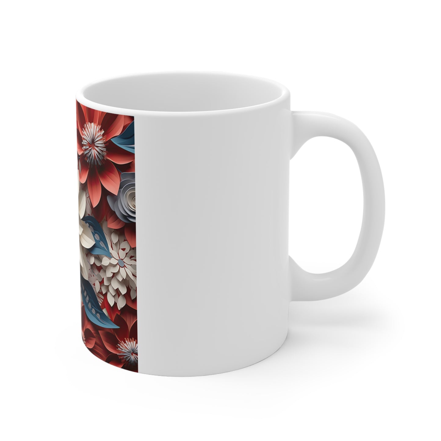 Patriotic 3D Floral Coffee Mug – Red White Blue Layered Blossom Mug – Sculpted Botanical Art Cup – Premium Americana Flower Mug Floral Paper Dahlia 11oz Ceramic Mug – Red, Blue & Cream Garden Pattern...