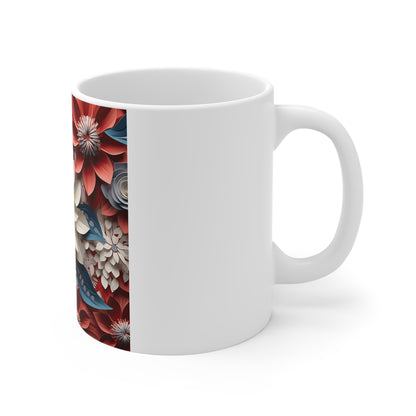Patriotic 3D Floral Coffee Mug – Red White Blue Layered Blossom Mug – Sculpted Botanical Art Cup – Premium Americana Flower Mug Floral Paper Dahlia 11oz Ceramic Mug – Red, Blue & Cream Garden Pattern...