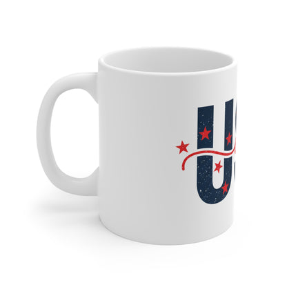 USA Script Stars Coffee Mug – Patriotic Distressed USA Mug – Red White Blue Minimal Americana Cup – Classic USA Pride Gift Mug 11oz