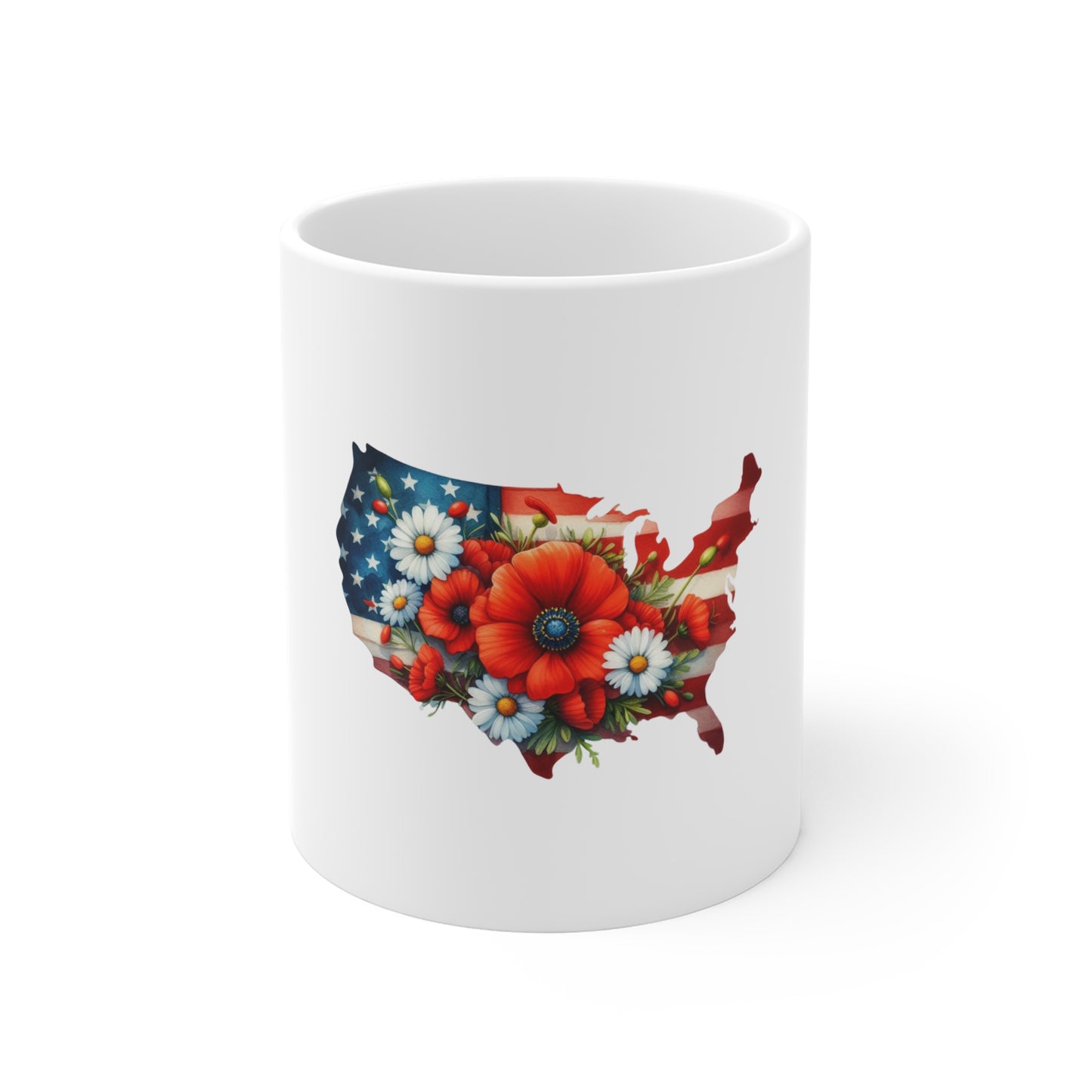 Patriotic USA Floral Map Mug - 11oz American Flag Poppy Coffee Cup