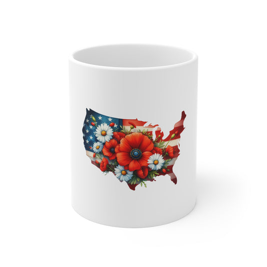 Patriotic USA Floral Map Mug - 11oz American Flag Poppy Coffee Cup
