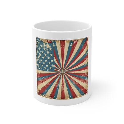 Retro American Flag Sunburst Coffee Mug – Vintage Patriotic USA Mug – Bold Stars & Stripes 11oz Ceramic Cup – Premium Americana Gift