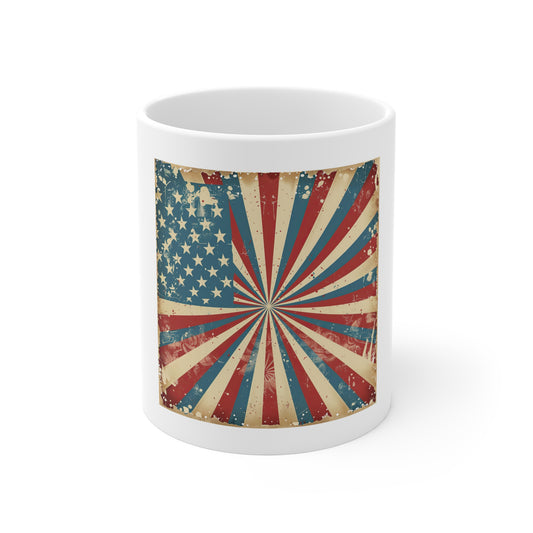 Retro American Flag Sunburst Coffee Mug – Vintage Patriotic USA Mug – Bold Stars & Stripes 11oz Ceramic Cup – Premium Americana Gift