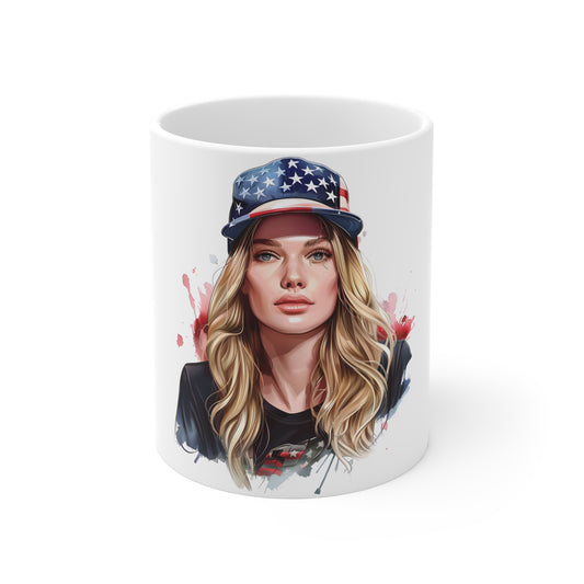 Patriotic American Girl Coffee Mug – USA Flag Hat Portrait Mug – Americana Woman Art Cup – Bold USA Gift Mug 11oz