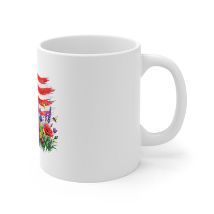 American Flag Floral Mug — Patriotic Garden 11oz Coffee Cup