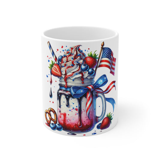 Patriotic Berry Milkshake Coffee Mug – 4th of July Mason Jar Dessert Mug – Red White Blue Ice Cream Sundae Cup with American FlagPatriotic Red White & Blue Dessert Mug — 11oz USA Flag Milkshake...