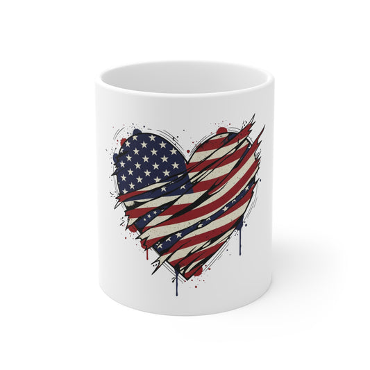 American Flag Heart Mug — Patriotic 11oz Coffee Cup (USA Stars & Stripes)