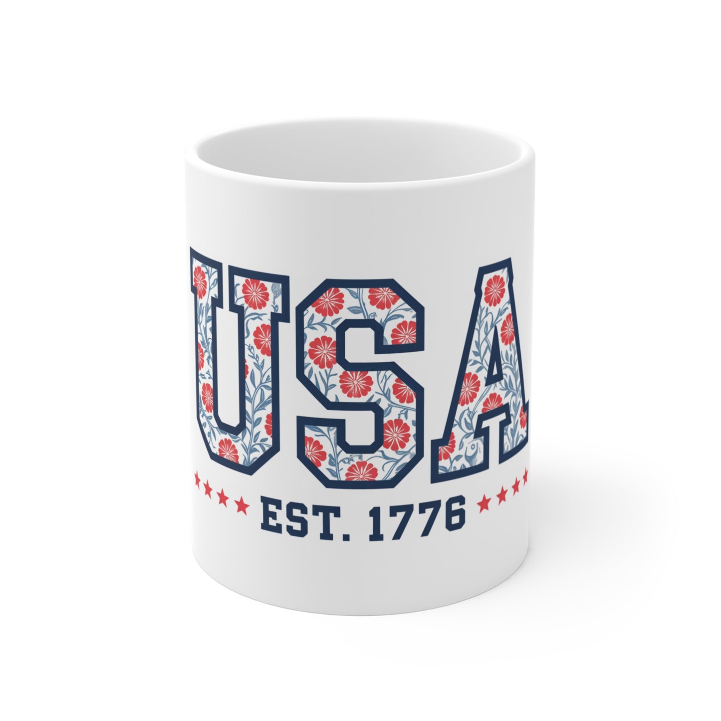 USA Floral Pattern Mug — EST. 1776 Patriotic Coffee Cup