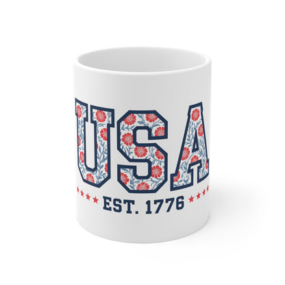 USA Floral Pattern Mug — EST. 1776 Patriotic Coffee Cup