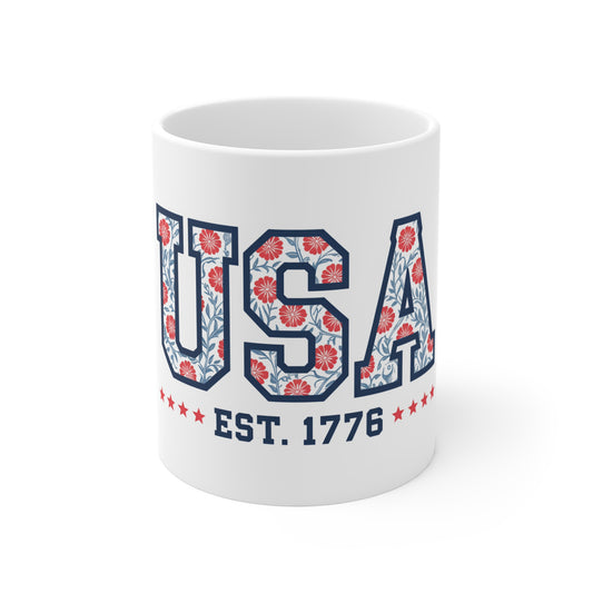 USA Floral Pattern Mug — EST. 1776 Patriotic Coffee Cup