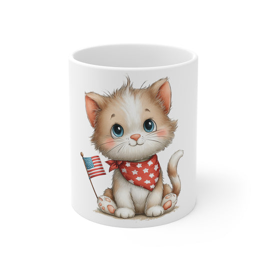 Patriotic Kitten with American Flag Mug – Cute USA Cat Coffee Mug – Americana Bandana Cat Mug – 4th of July Cat Lover Gift Patriotic Cute Kitten Coffee Mug — 11oz Cat with American Flag