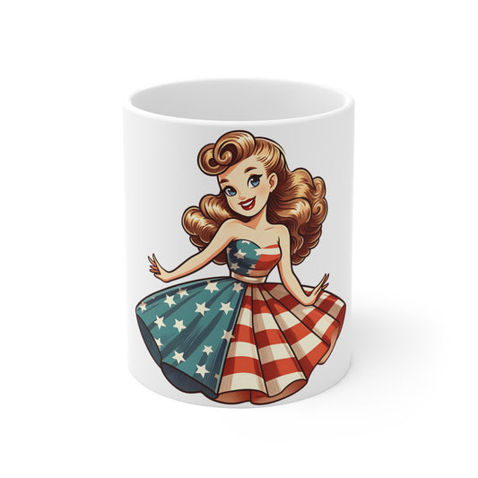 Patriotic Pin-Up Twirl Dress Mug – Vintage Americana Woman Coffee Mug – Retro USA Flag Skirt Cup – Classic American Girl Mug – Fourth of July Gift Patriotic Pin-Up Girl Mug — 11oz USA Flag Dress...